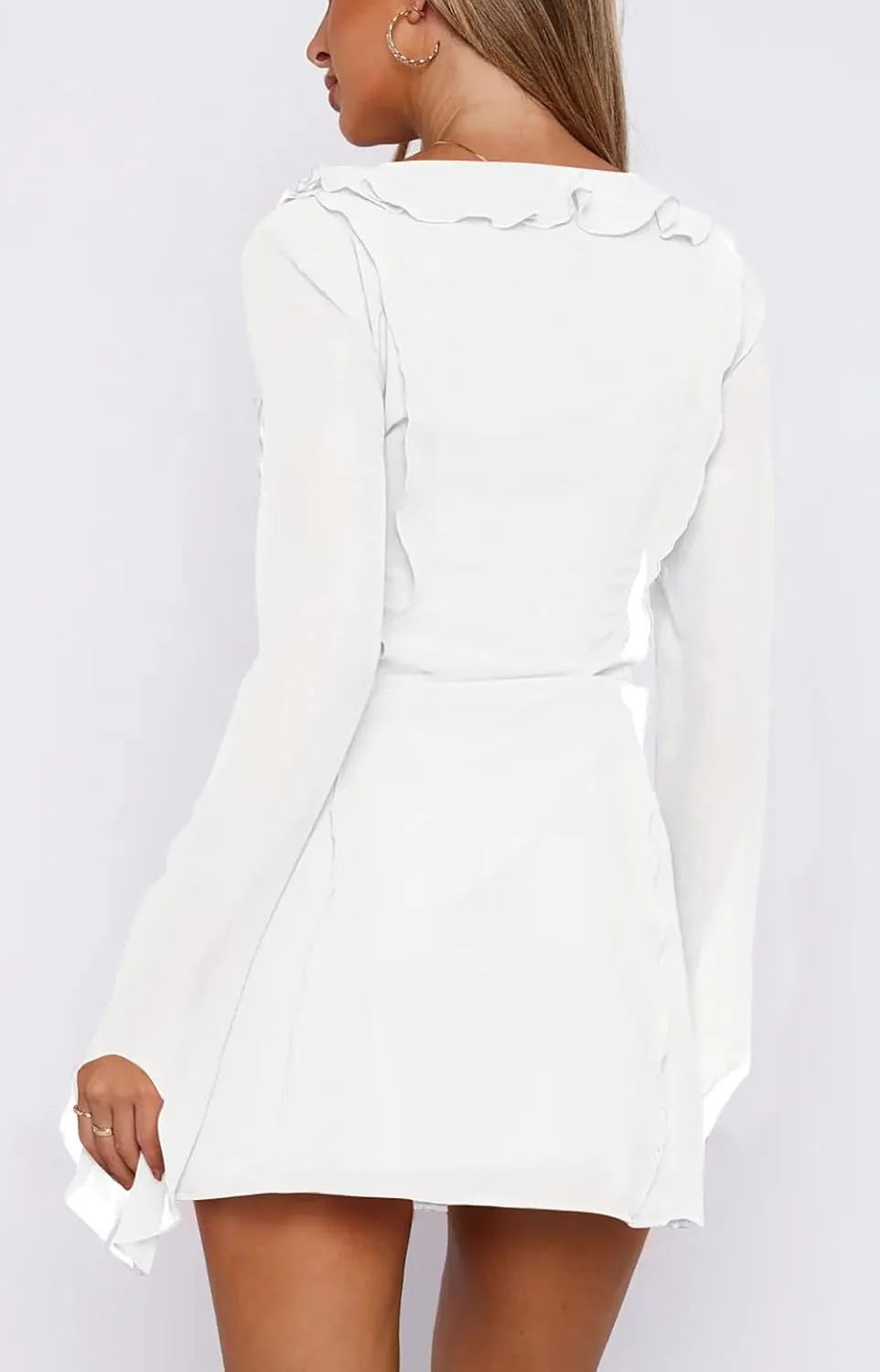 GOBLES Women's Sexy Long Flare Sleeve Chiffon Ruffle Deep Tie V Neck Bodycon Mini Party Dress