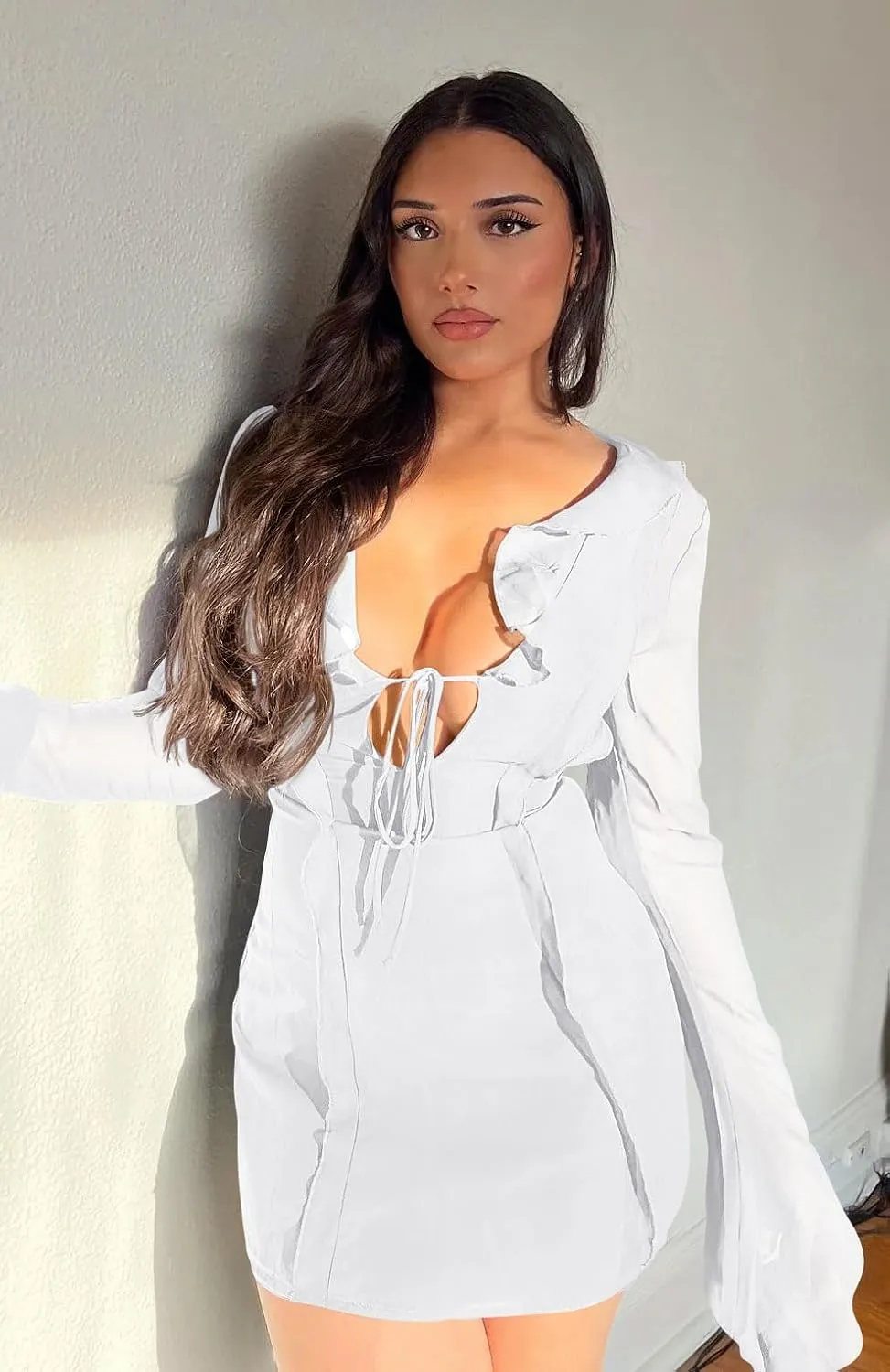 GOBLES Women's Sexy Long Flare Sleeve Chiffon Ruffle Deep Tie V Neck Bodycon Mini Party Dress