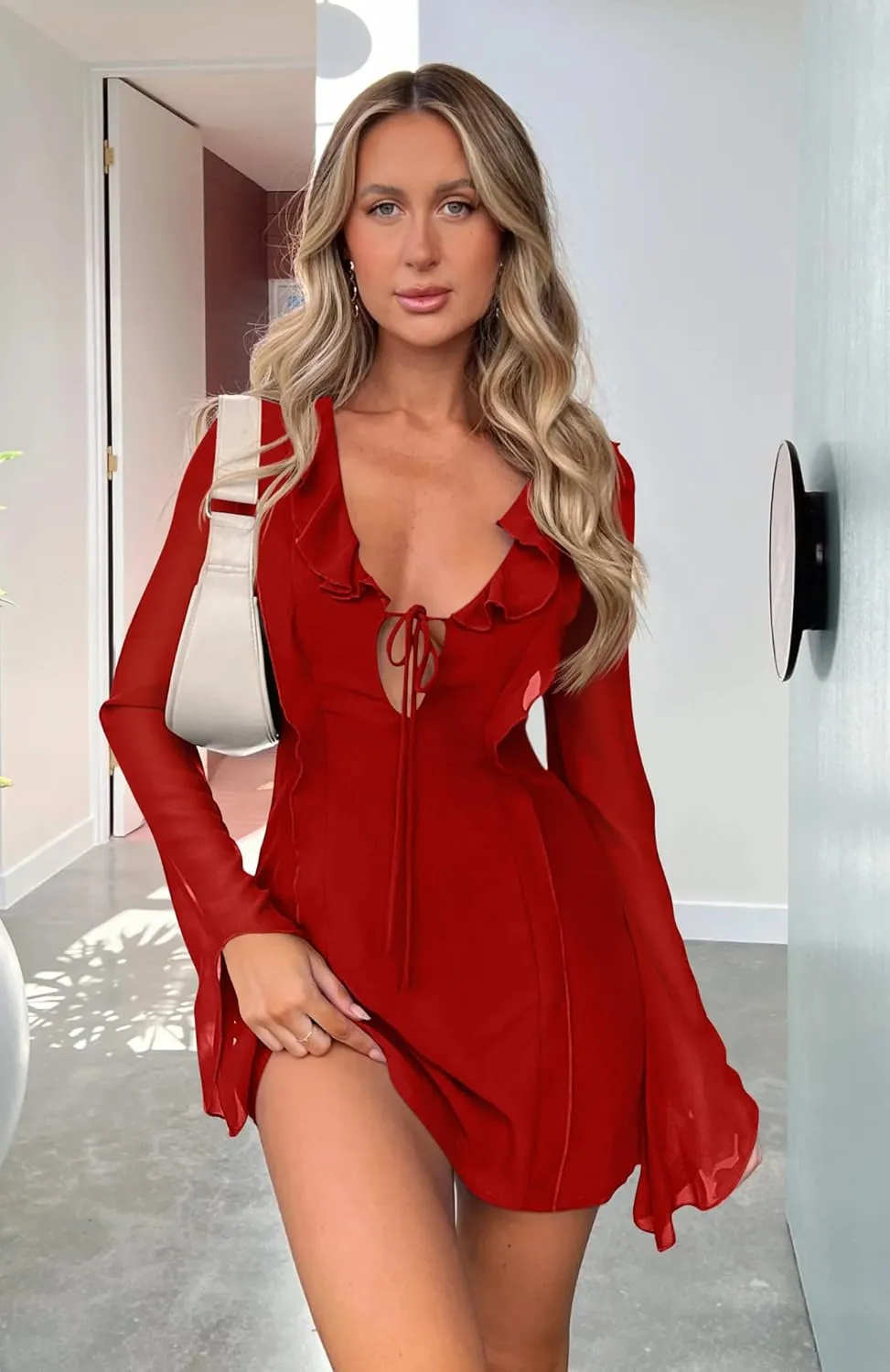 GOBLES Women's Sexy Long Flare Sleeve Chiffon Ruffle Deep Tie V Neck Bodycon Mini Party Dress