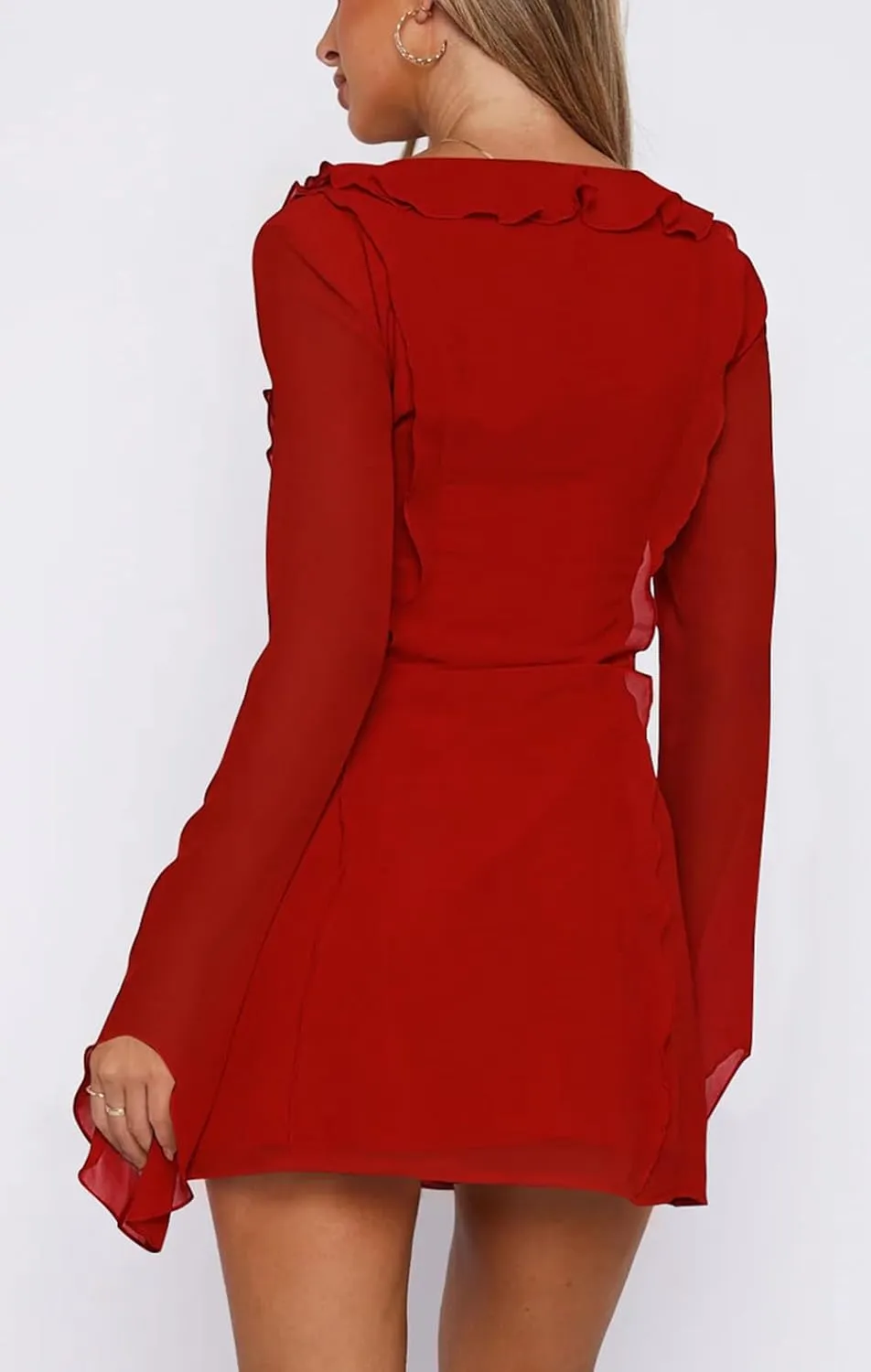 GOBLES Women's Sexy Long Flare Sleeve Chiffon Ruffle Deep Tie V Neck Bodycon Mini Party Dress