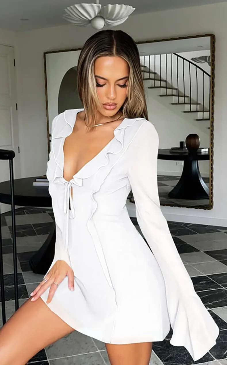 GOBLES Women's Sexy Long Flare Sleeve Chiffon Ruffle Deep Tie V Neck Bodycon Mini Party Dress