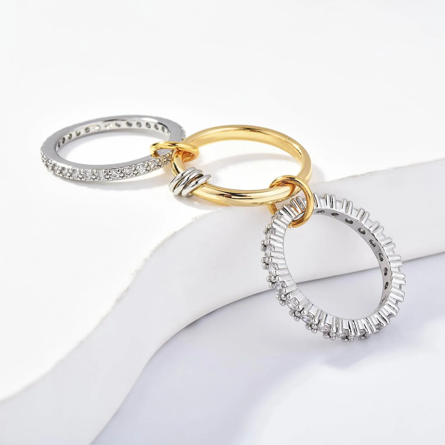 Gold Stackable Rings for Women Non Tarnish Dainty 14k Gold Plated Chunky CZ Cubic Zirconia Rings Silver and Gold Rings Set Multi-Link Connected Rings 5-11