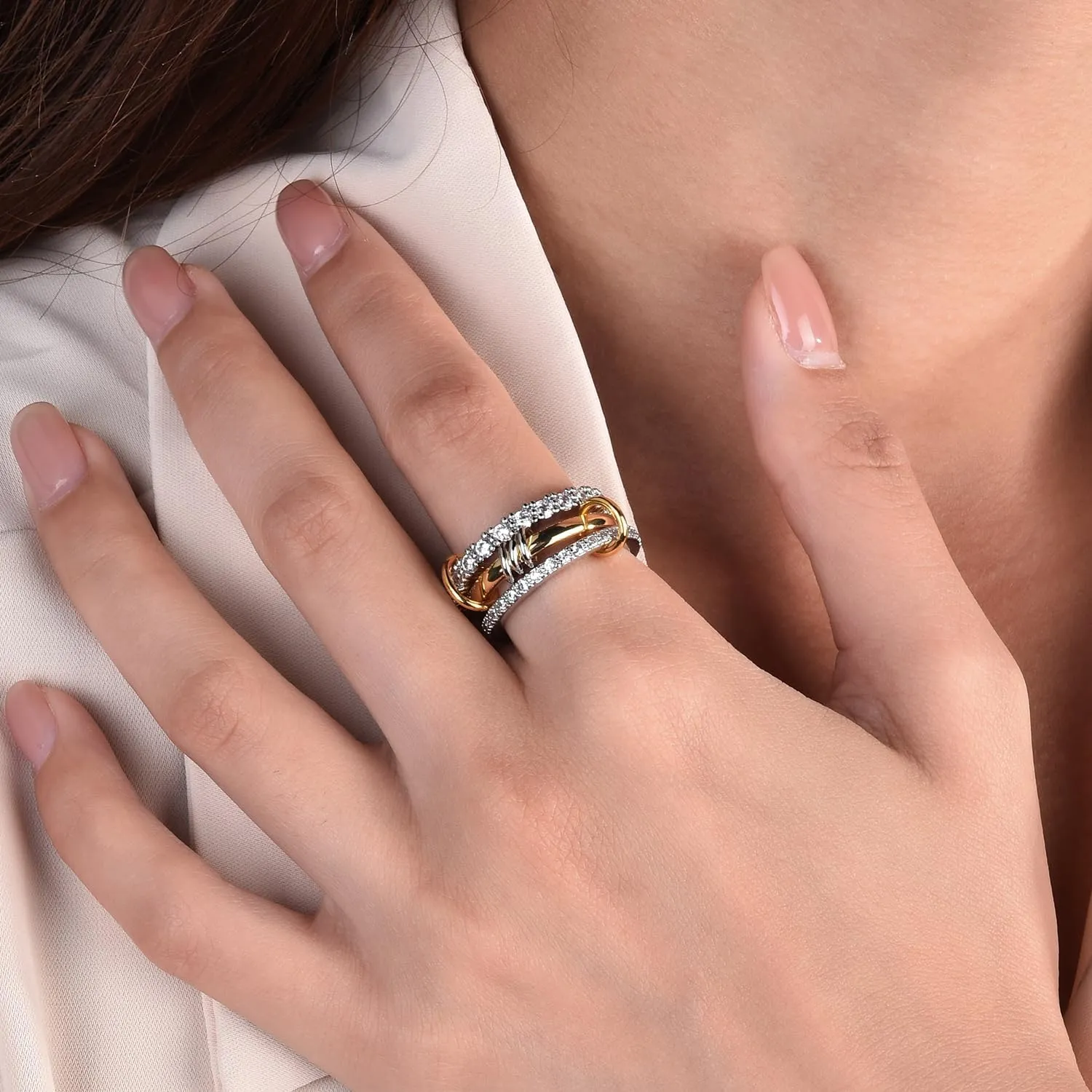 Gold Stackable Rings for Women Non Tarnish Dainty 14k Gold Plated Chunky CZ Cubic Zirconia Rings Silver and Gold Rings Set Multi-Link Connected Rings 5-11