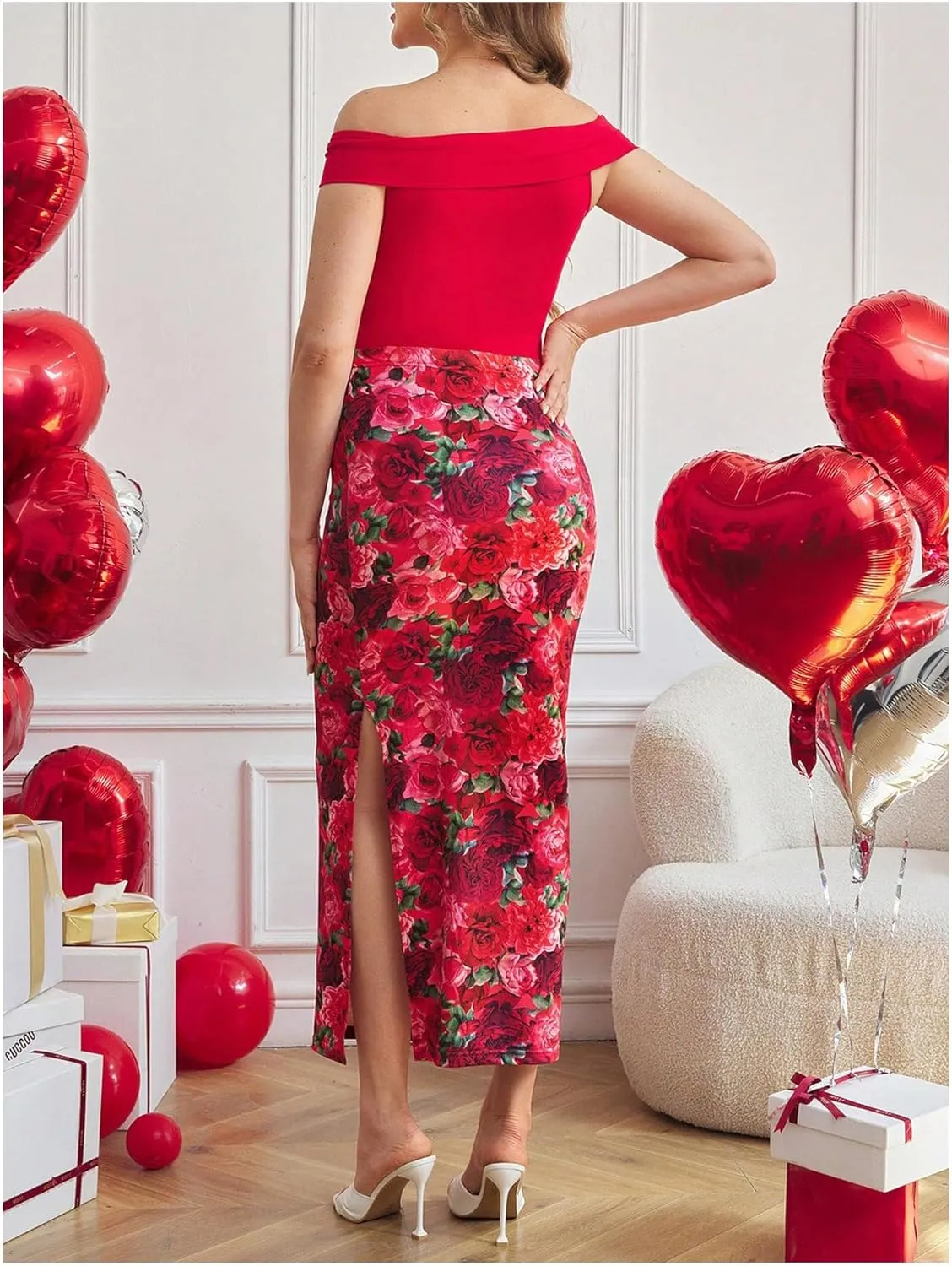 GORGLITTER Women's Maternity Skirts Maxi Floral Print Adjustable Waist Split Thigh Bodycon Skirt