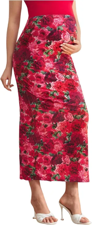 GORGLITTER Women's Maternity Skirts Maxi Floral Print Adjustable Waist Split Thigh Bodycon Skirt