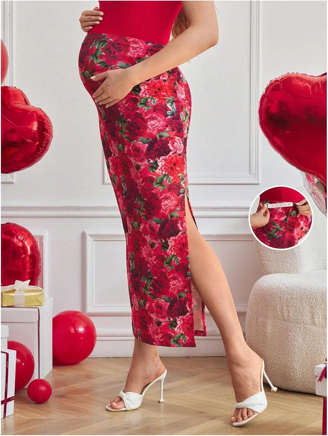 GORGLITTER Women's Maternity Skirts Maxi Floral Print Adjustable Waist Split Thigh Bodycon Skirt