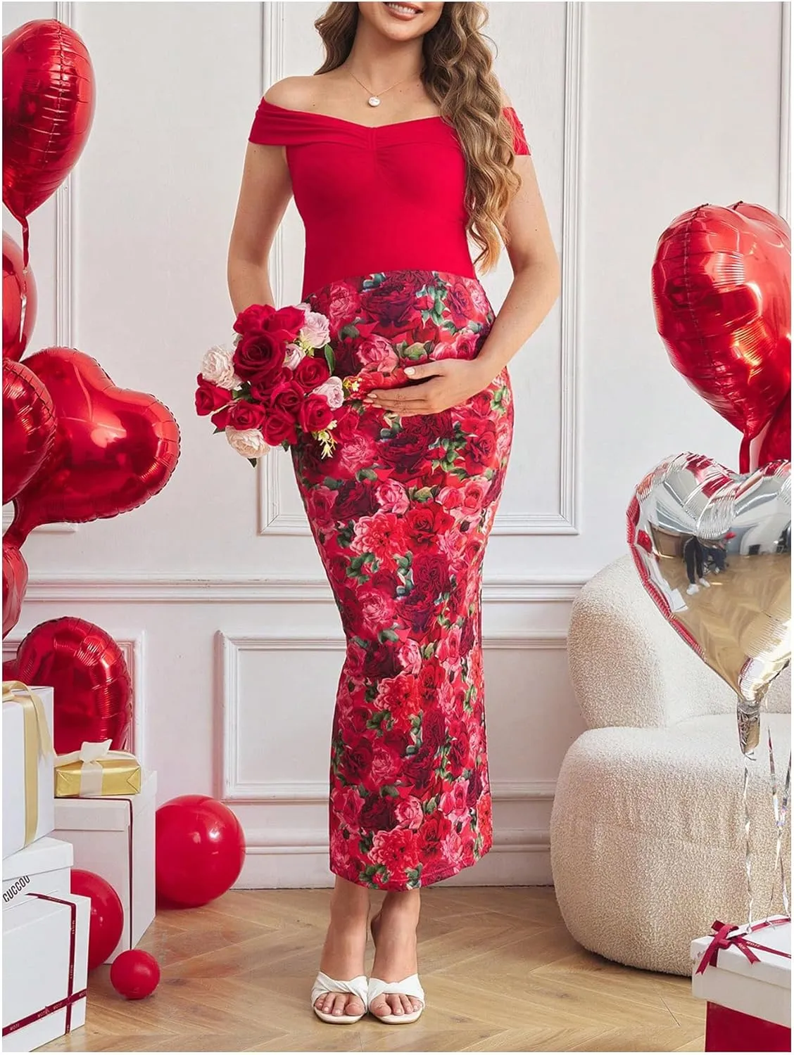 GORGLITTER Women's Maternity Skirts Maxi Floral Print Adjustable Waist Split Thigh Bodycon Skirt