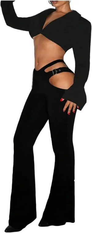 GORGLITTER Women's Rave Cut Out Pants High Waisted Flare Leg Y2K Going Out Pants Disco Bell Bottom Trousers