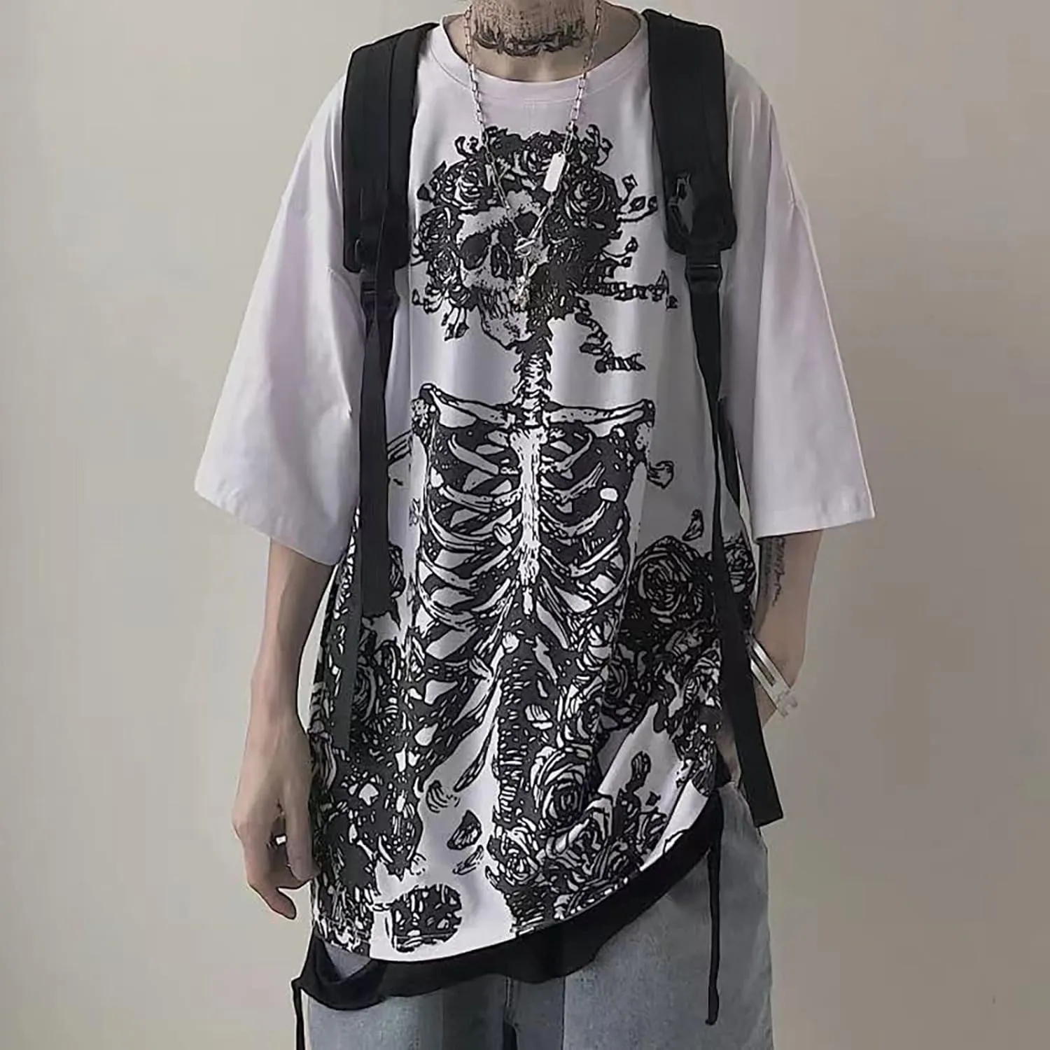 Gothic Casual Loose Oversized T-Shirt Harajuku Street Trend Men and Women Personalized Print Rock Animation Punk