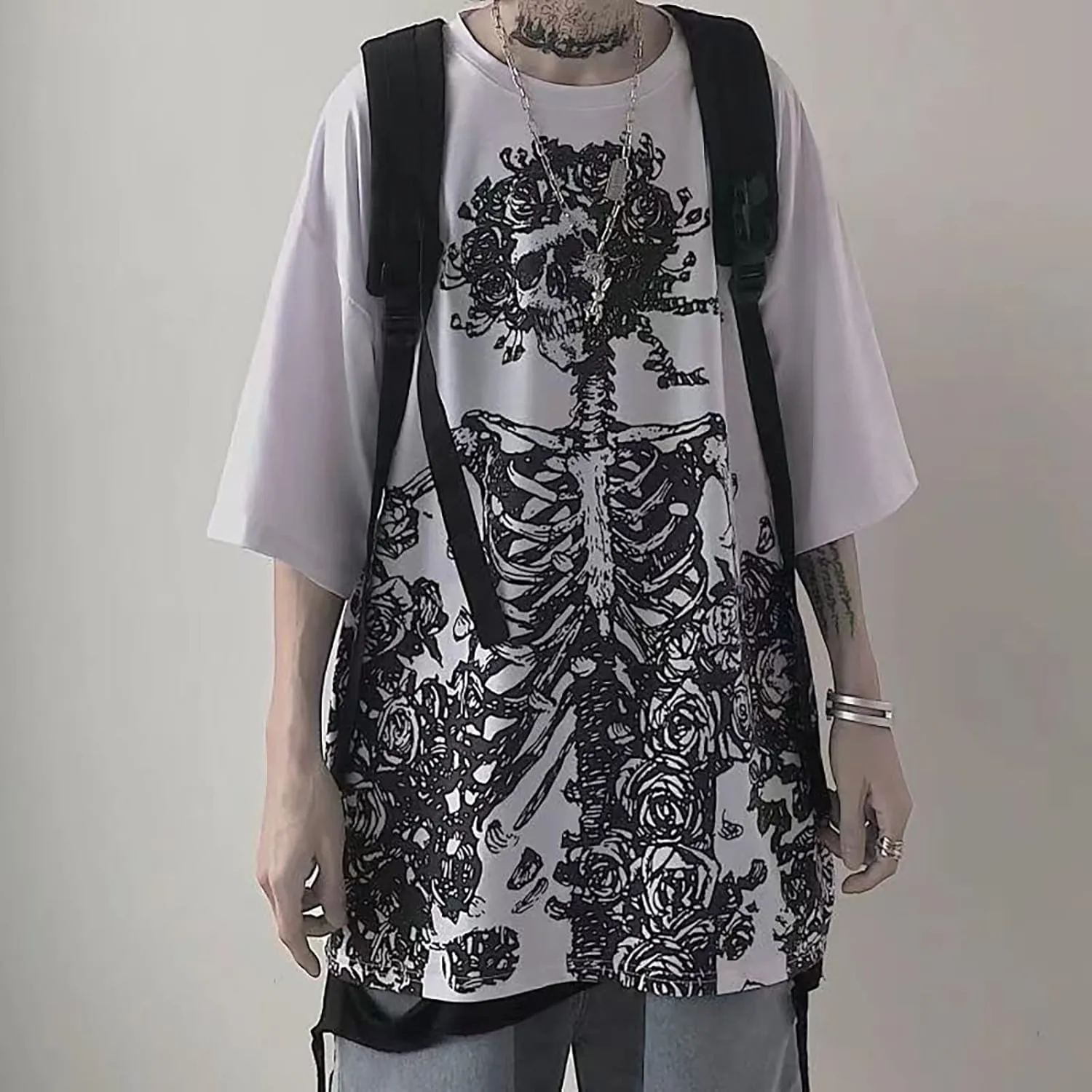 Gothic Casual Loose Oversized T-Shirt Harajuku Street Trend Men and Women Personalized Print Rock Animation Punk