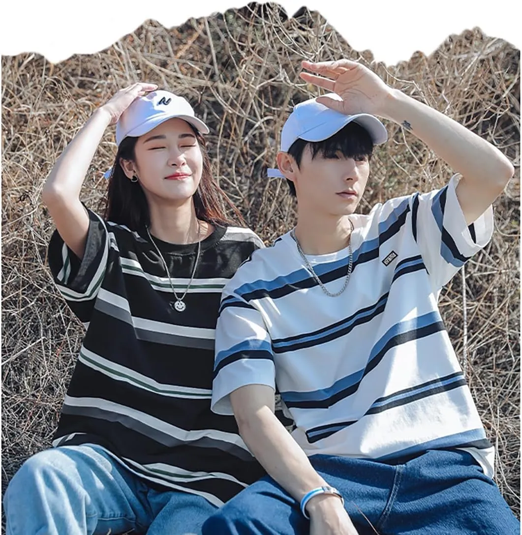 Gothic Casual Loose Oversized T-Shirt Harajuku Street Trend Men and Women Wearing Printed Stripes for Couples