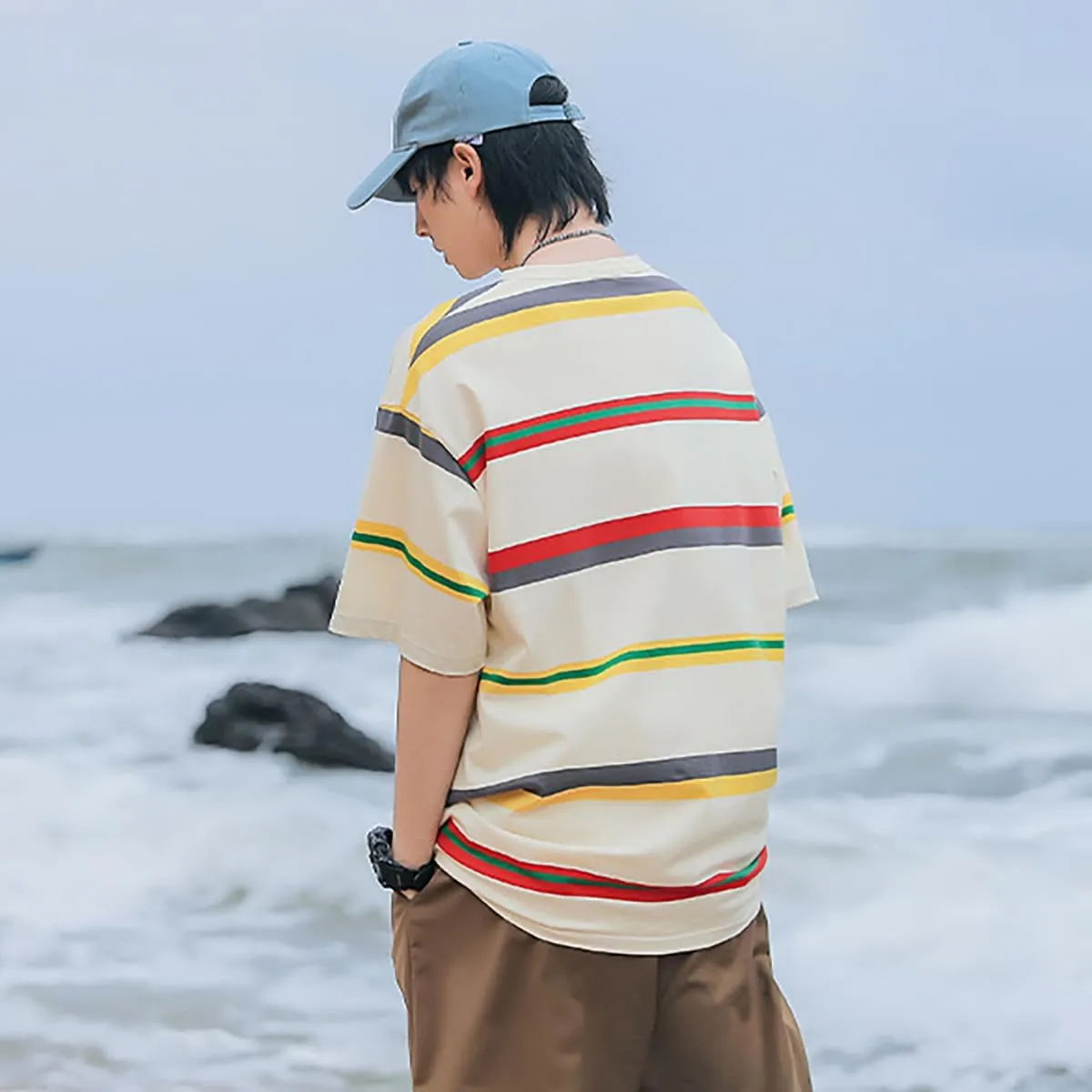 Gothic Casual Loose Oversized T-Shirt Harajuku Street Trend Men and Women Wearing Printed Stripes for Couples