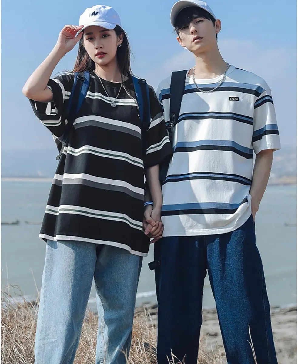 Gothic Casual Loose Oversized T-Shirt Harajuku Street Trend Men and Women Wearing Printed Stripes for Couples