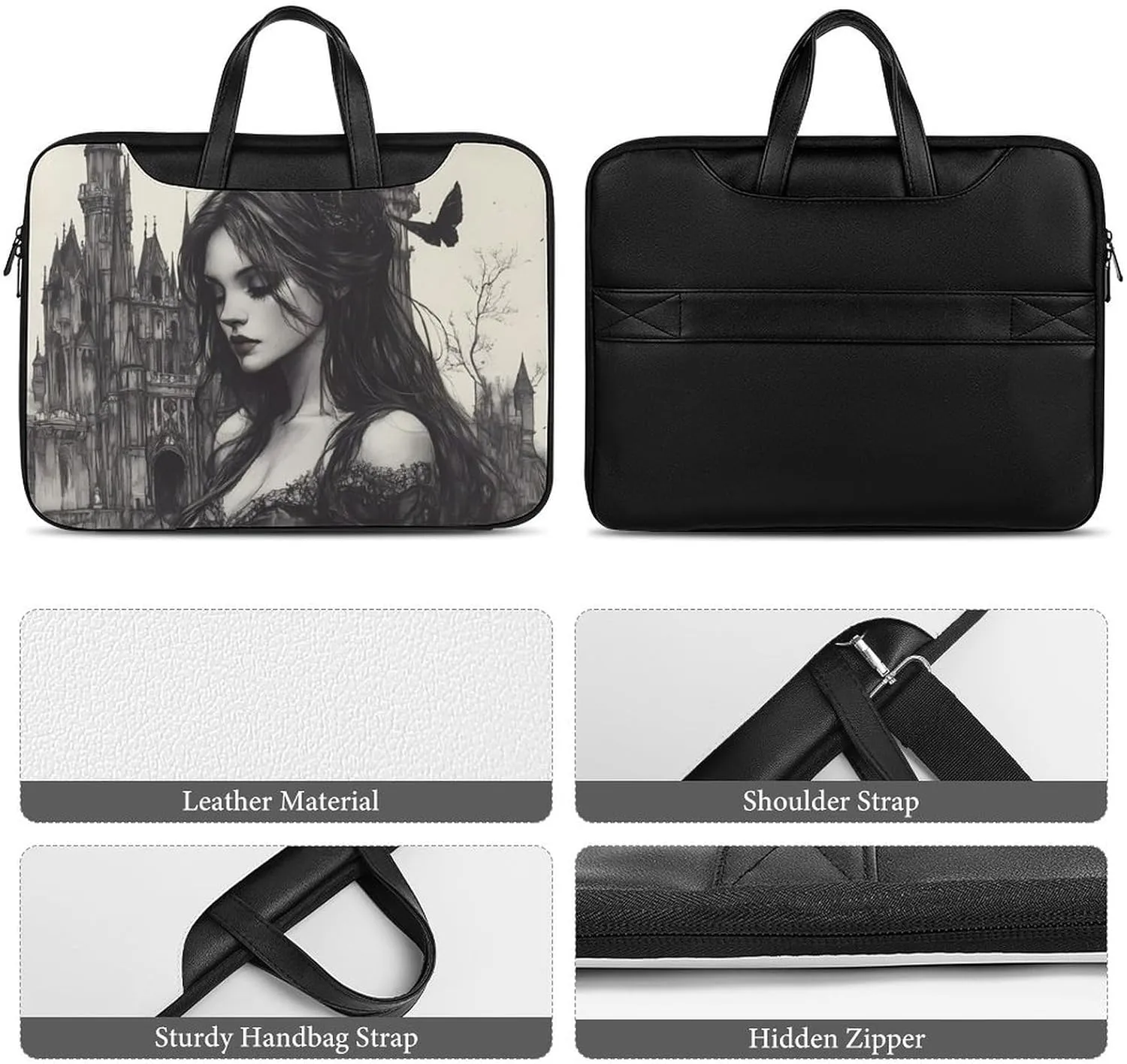 Gothic Rose Horror Dark Leather Bag Laptop Case Slim Water Resistant Computer Bags with Handle Briefcase for Work