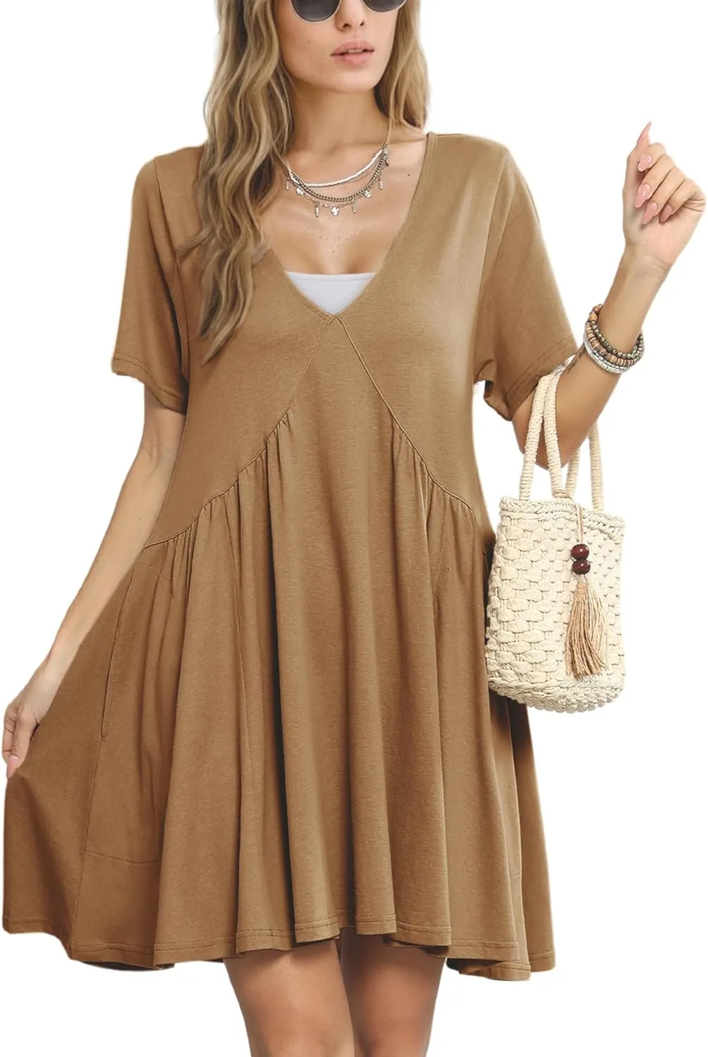 Gozoloma Women Summer Short Sleeve Mini Dress Casual Loose V Neck Flowy Sundress Vacation Tshirt Sun Dress with Pockets
