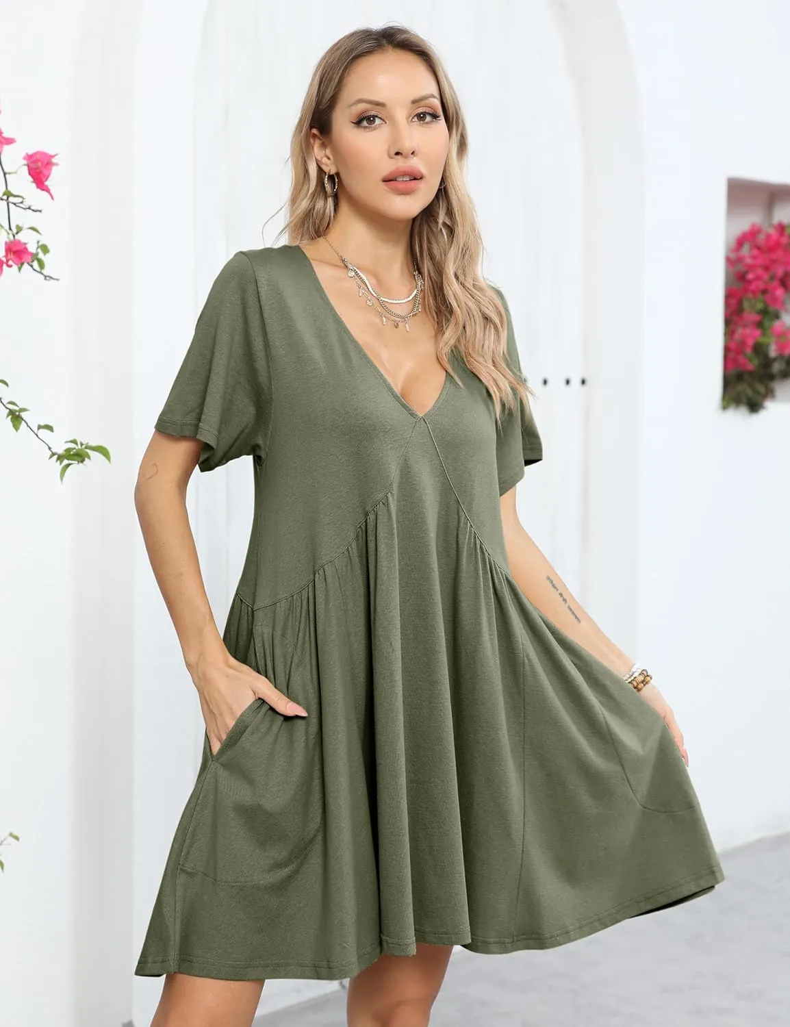 Gozoloma Women Summer Short Sleeve Mini Dress Casual Loose V Neck Flowy Sundress Vacation Tshirt Sun Dress with Pockets