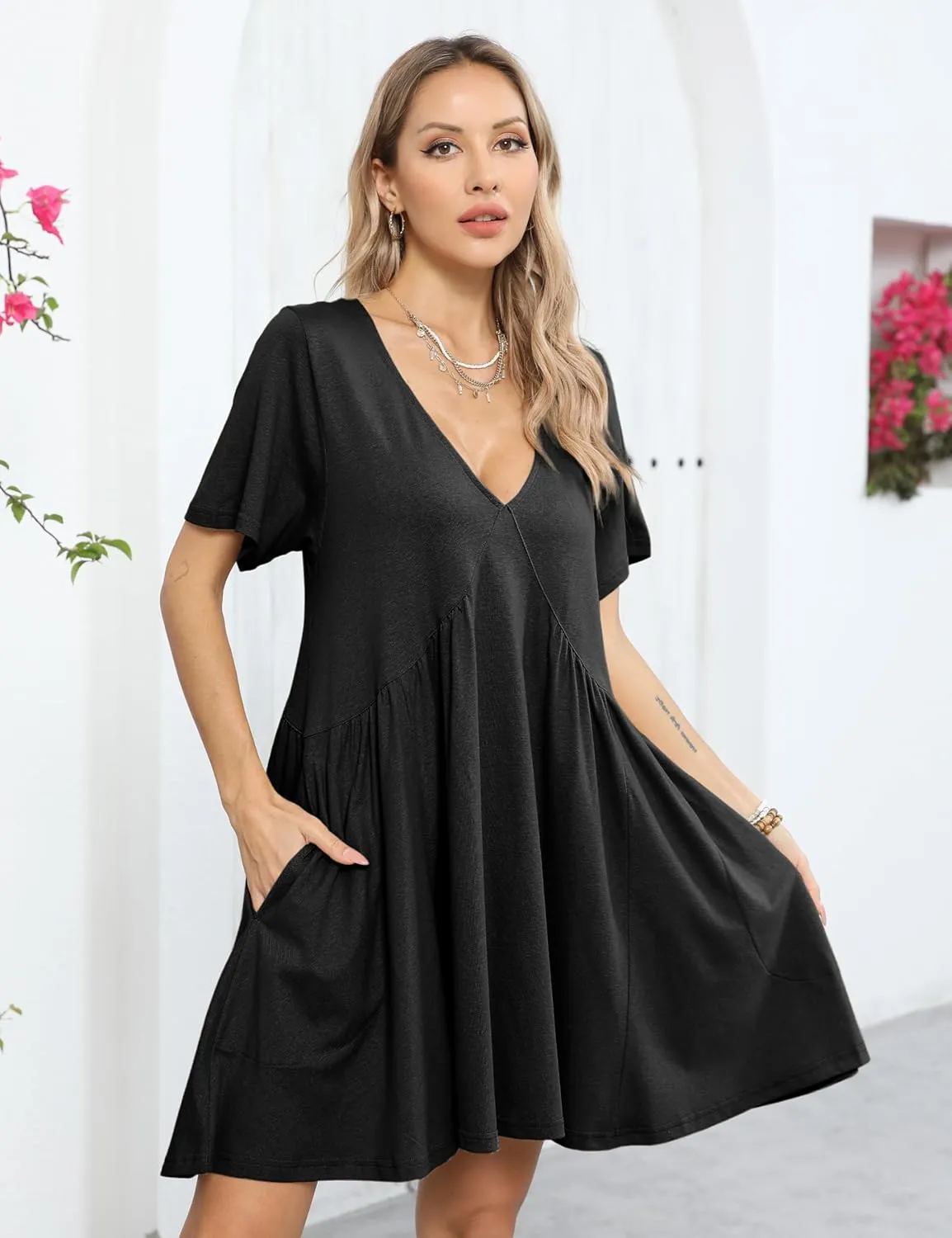 Gozoloma Women Summer Short Sleeve Mini Dress Casual Loose V Neck Flowy Sundress Vacation Tshirt Sun Dress with Pockets