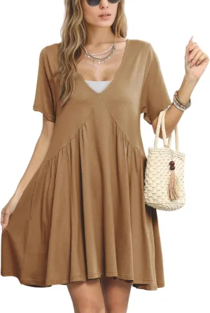 Gozoloma Women Summer Short Sleeve Mini Dress Casual Loose V Neck Flowy Sundress Vacation Tshirt Sun Dress with Pockets