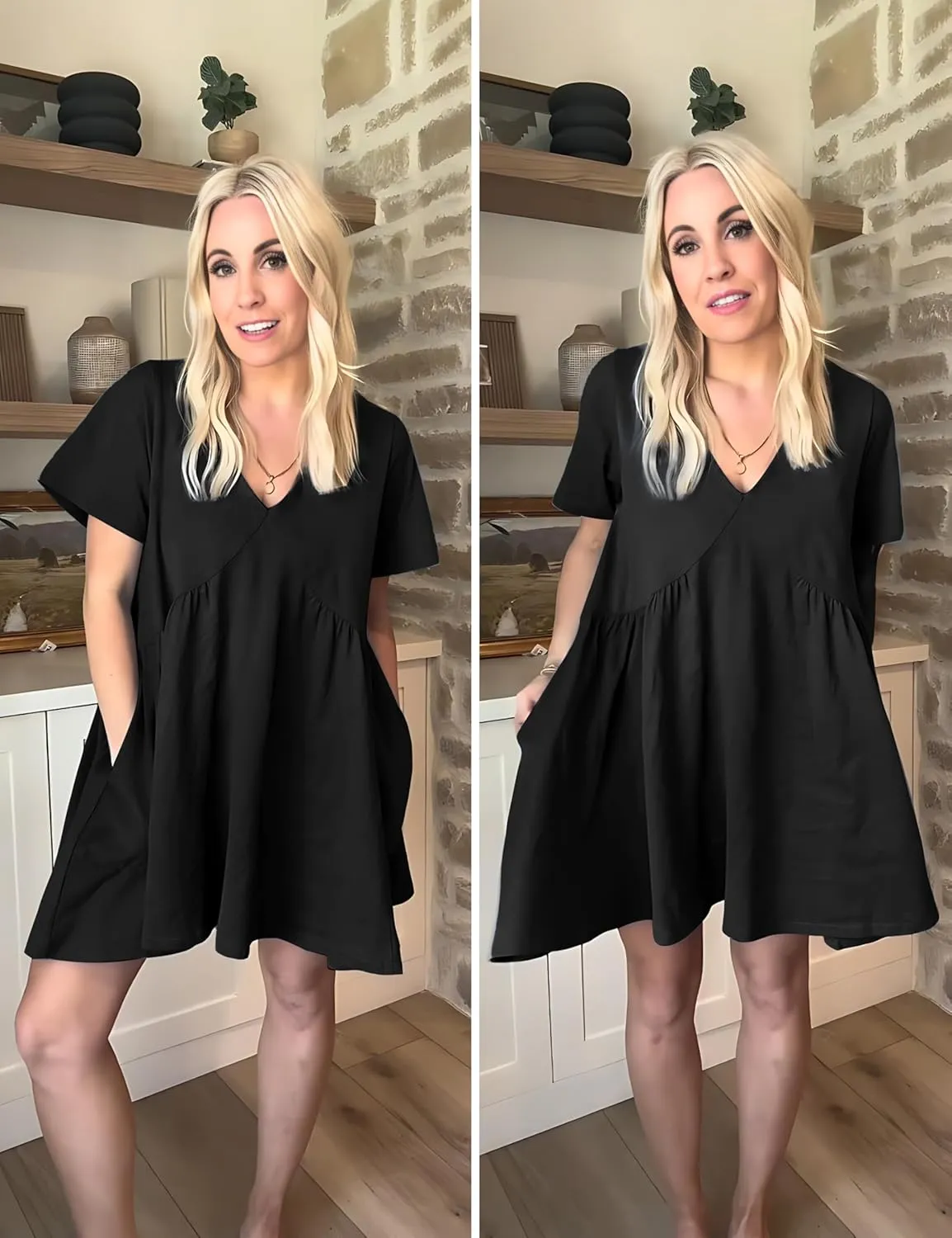 Gozoloma Women Summer Short Sleeve Mini Dress Casual Loose V Neck Flowy Sundress Vacation Tshirt Sun Dress with Pockets