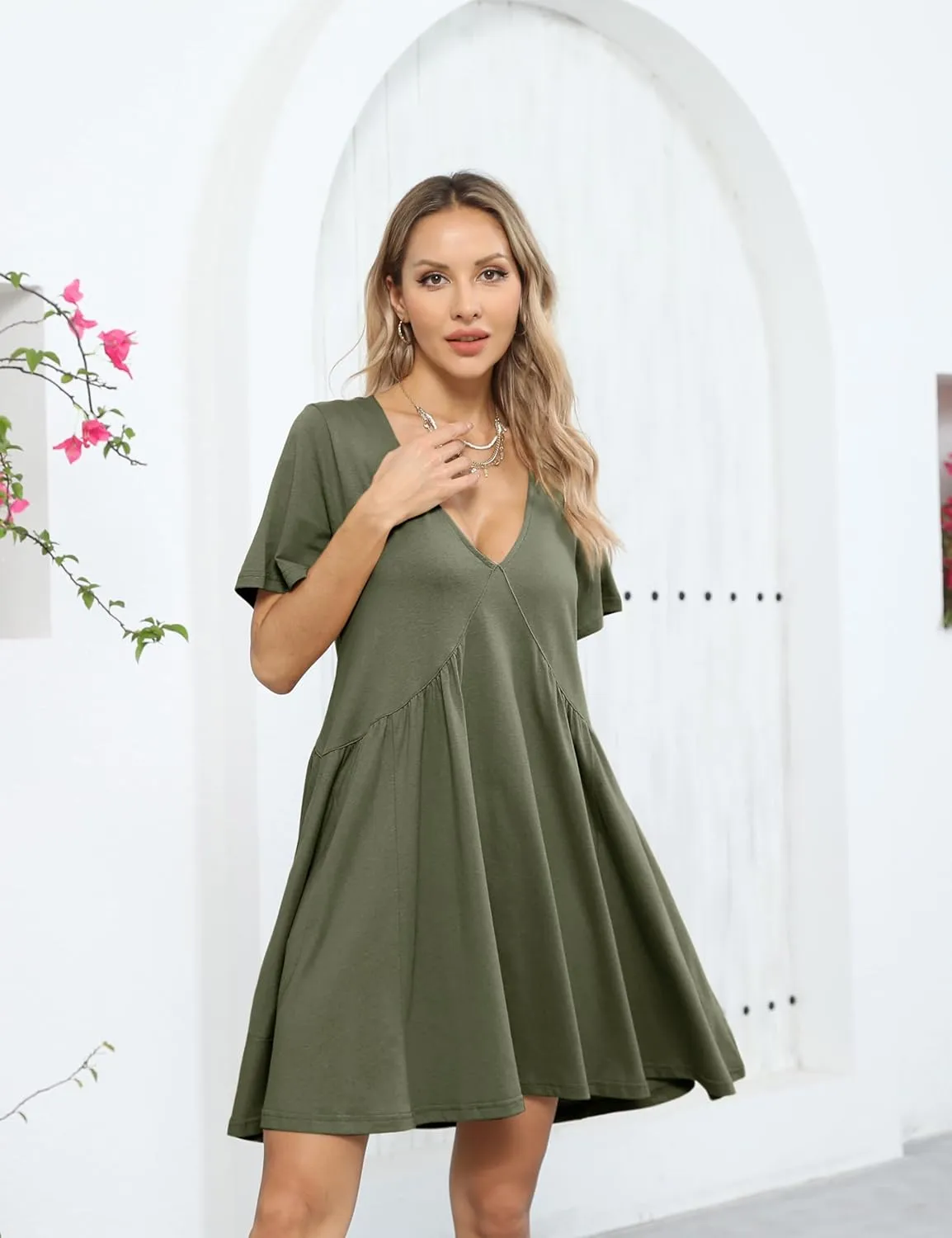 Gozoloma Women Summer Short Sleeve Mini Dress Casual Loose V Neck Flowy Sundress Vacation Tshirt Sun Dress with Pockets
