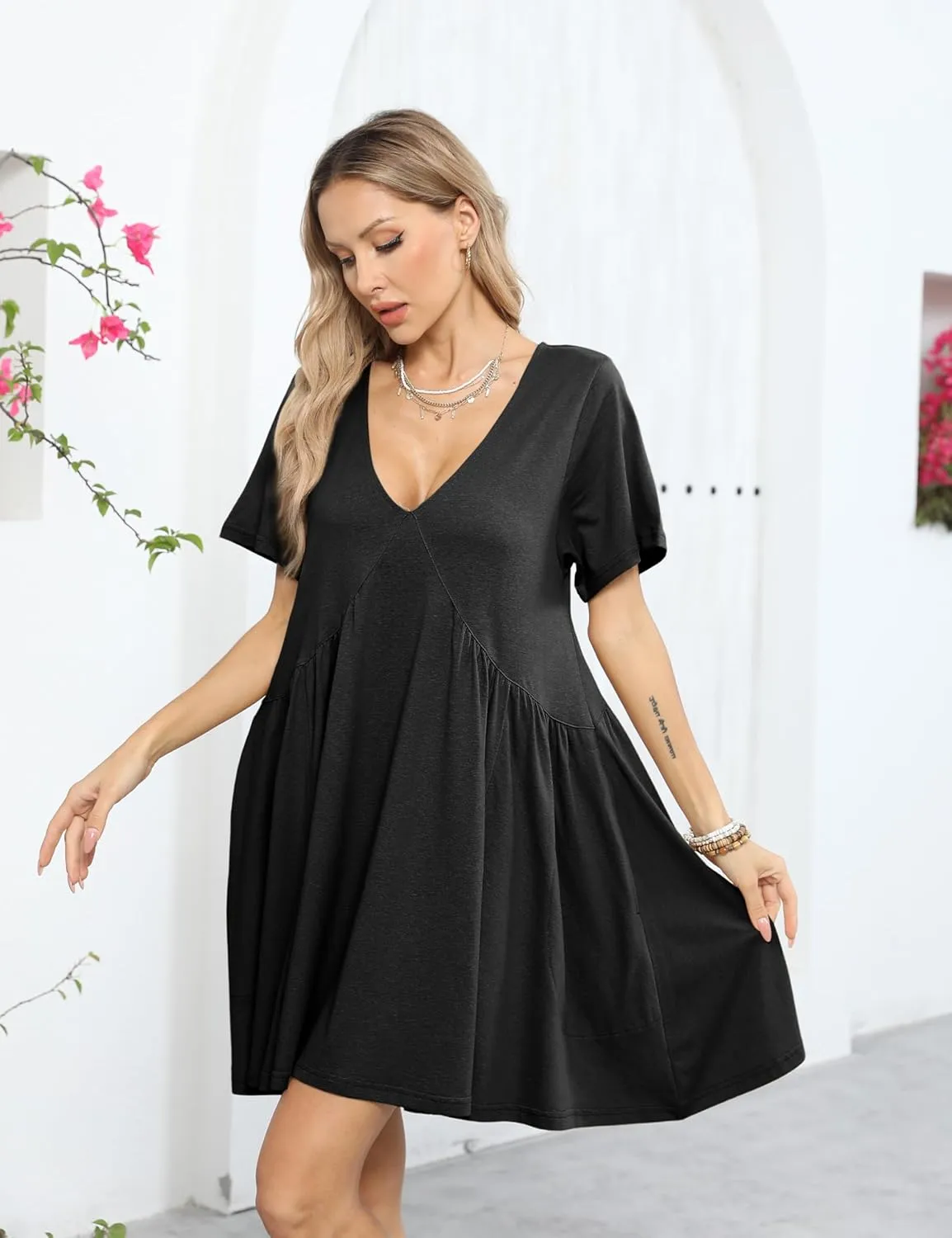 Gozoloma Women Summer Short Sleeve Mini Dress Casual Loose V Neck Flowy Sundress Vacation Tshirt Sun Dress with Pockets