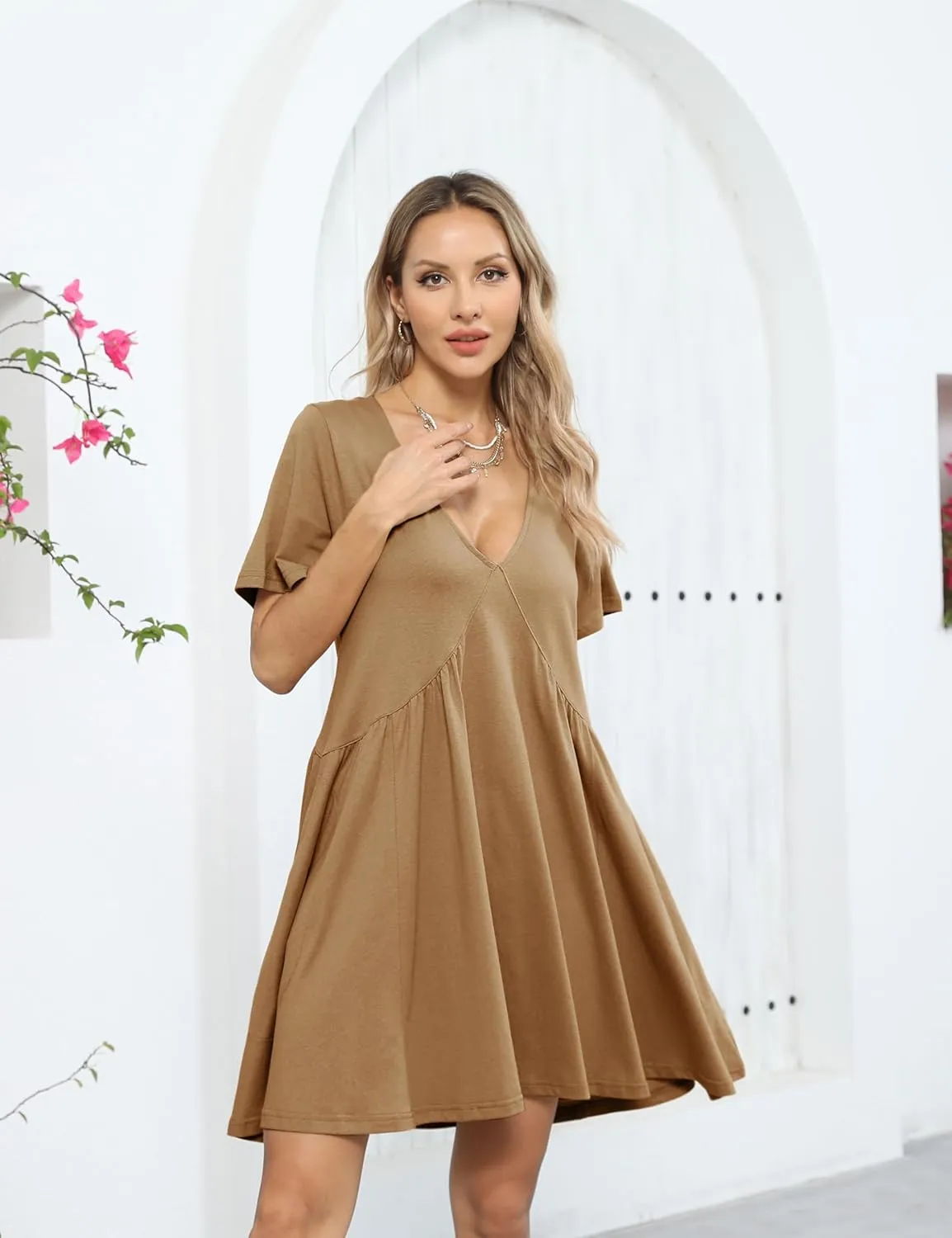 Gozoloma Women Summer Short Sleeve Mini Dress Casual Loose V Neck Flowy Sundress Vacation Tshirt Sun Dress with Pockets