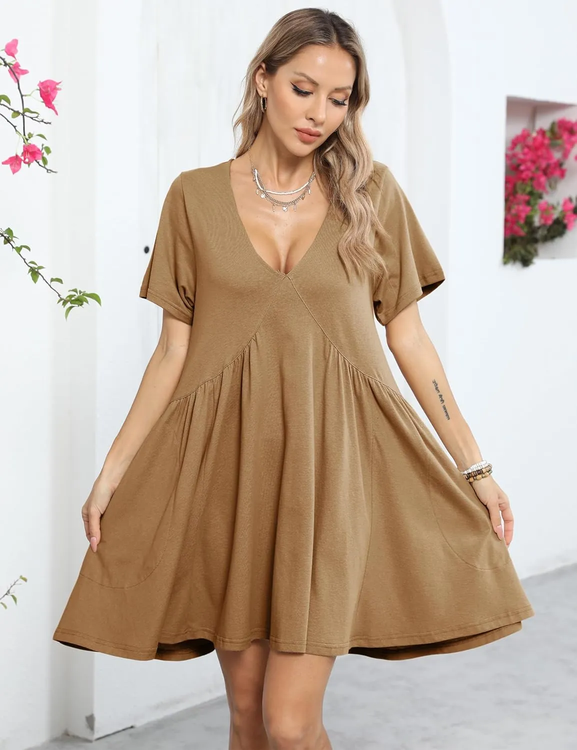 Gozoloma Women Summer Short Sleeve Mini Dress Casual Loose V Neck Flowy Sundress Vacation Tshirt Sun Dress with Pockets