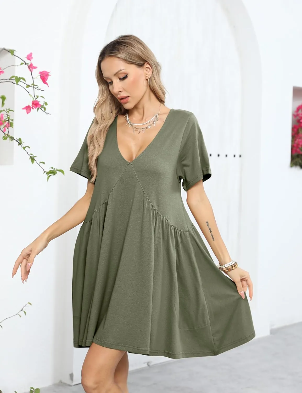 Gozoloma Women Summer Short Sleeve Mini Dress Casual Loose V Neck Flowy Sundress Vacation Tshirt Sun Dress with Pockets