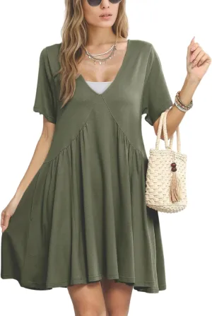 Gozoloma Women Summer Short Sleeve Mini Dress Casual Loose V Neck Flowy Sundress Vacation Tshirt Sun Dress with Pockets
