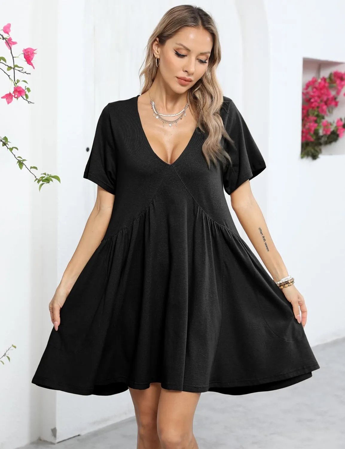 Gozoloma Women Summer Short Sleeve Mini Dress Casual Loose V Neck Flowy Sundress Vacation Tshirt Sun Dress with Pockets