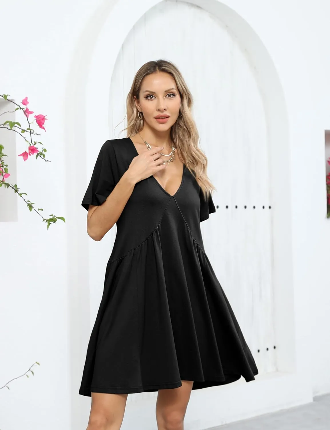 Gozoloma Women Summer Short Sleeve Mini Dress Casual Loose V Neck Flowy Sundress Vacation Tshirt Sun Dress with Pockets