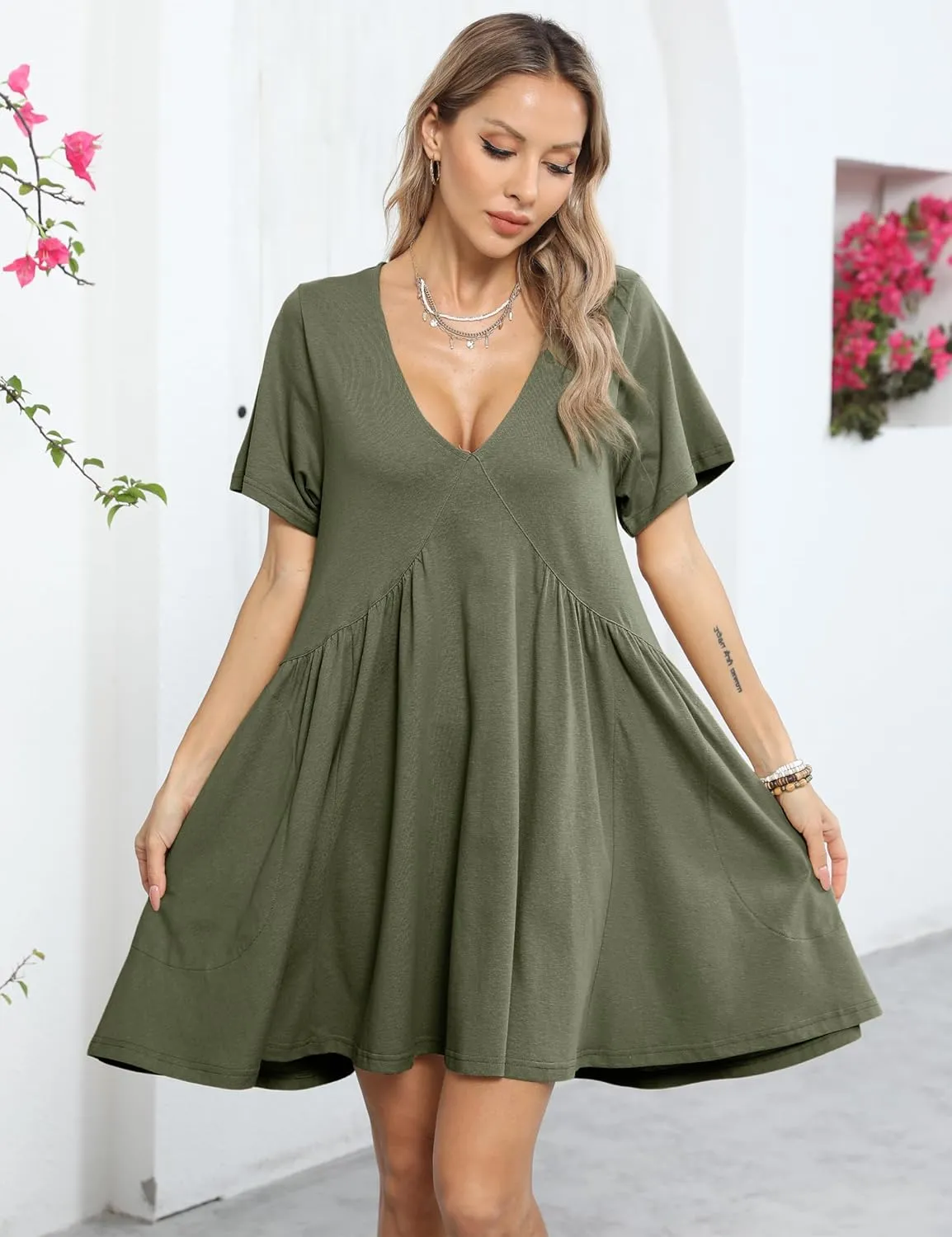Gozoloma Women Summer Short Sleeve Mini Dress Casual Loose V Neck Flowy Sundress Vacation Tshirt Sun Dress with Pockets