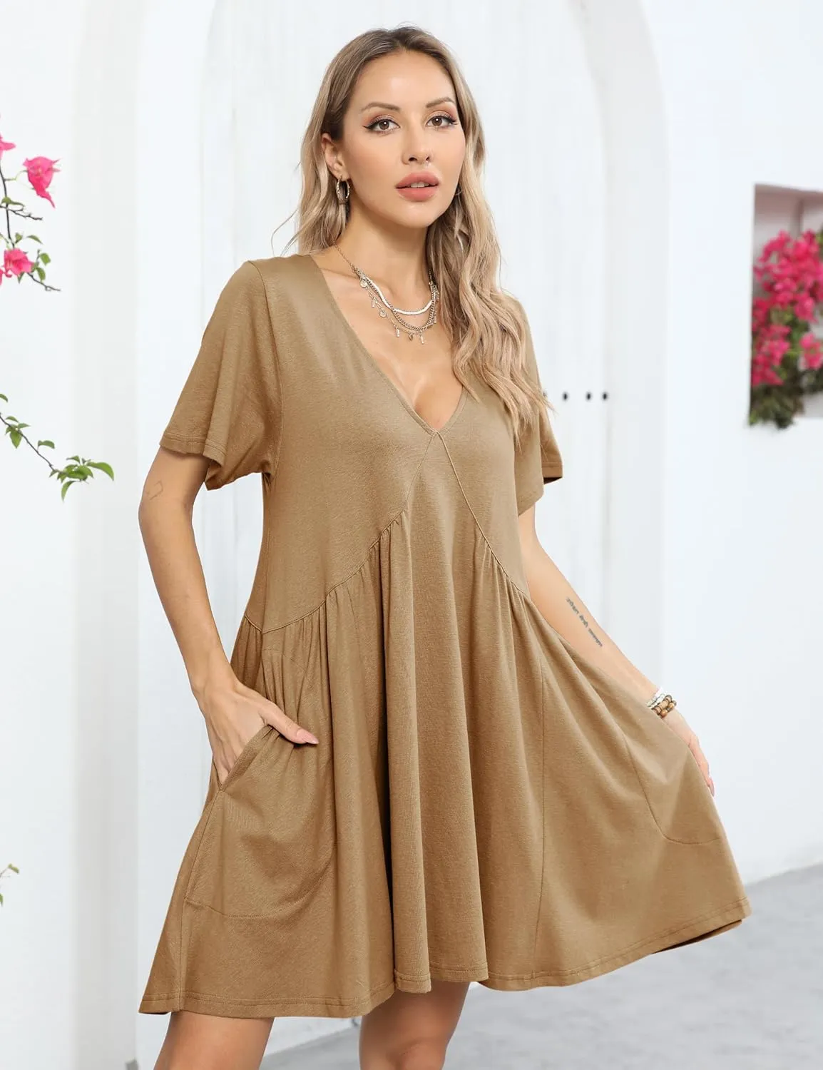 Gozoloma Women Summer Short Sleeve Mini Dress Casual Loose V Neck Flowy Sundress Vacation Tshirt Sun Dress with Pockets