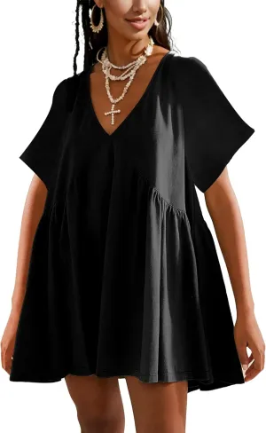Gozoloma Women Summer Short Sleeve Mini Dress Casual Loose V Neck Flowy Sundress Vacation Tshirt Sun Dress with Pockets