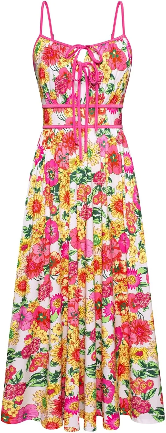 GRACE KARIN Women's 2025 Summer Casual Floral Boho Dress Spaghetti Strap Flowy Beach Maxi Dresses
