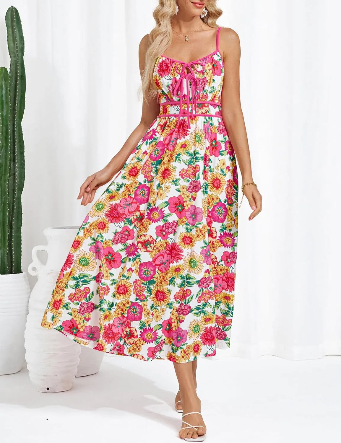 GRACE KARIN Women's 2025 Summer Casual Floral Boho Dress Spaghetti Strap Flowy Beach Maxi Dresses