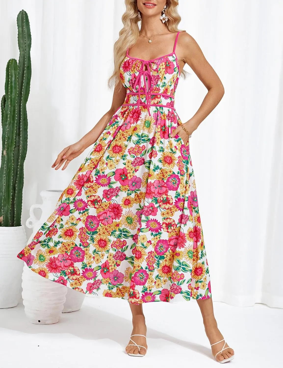 GRACE KARIN Women's 2025 Summer Casual Floral Boho Dress Spaghetti Strap Flowy Beach Maxi Dresses