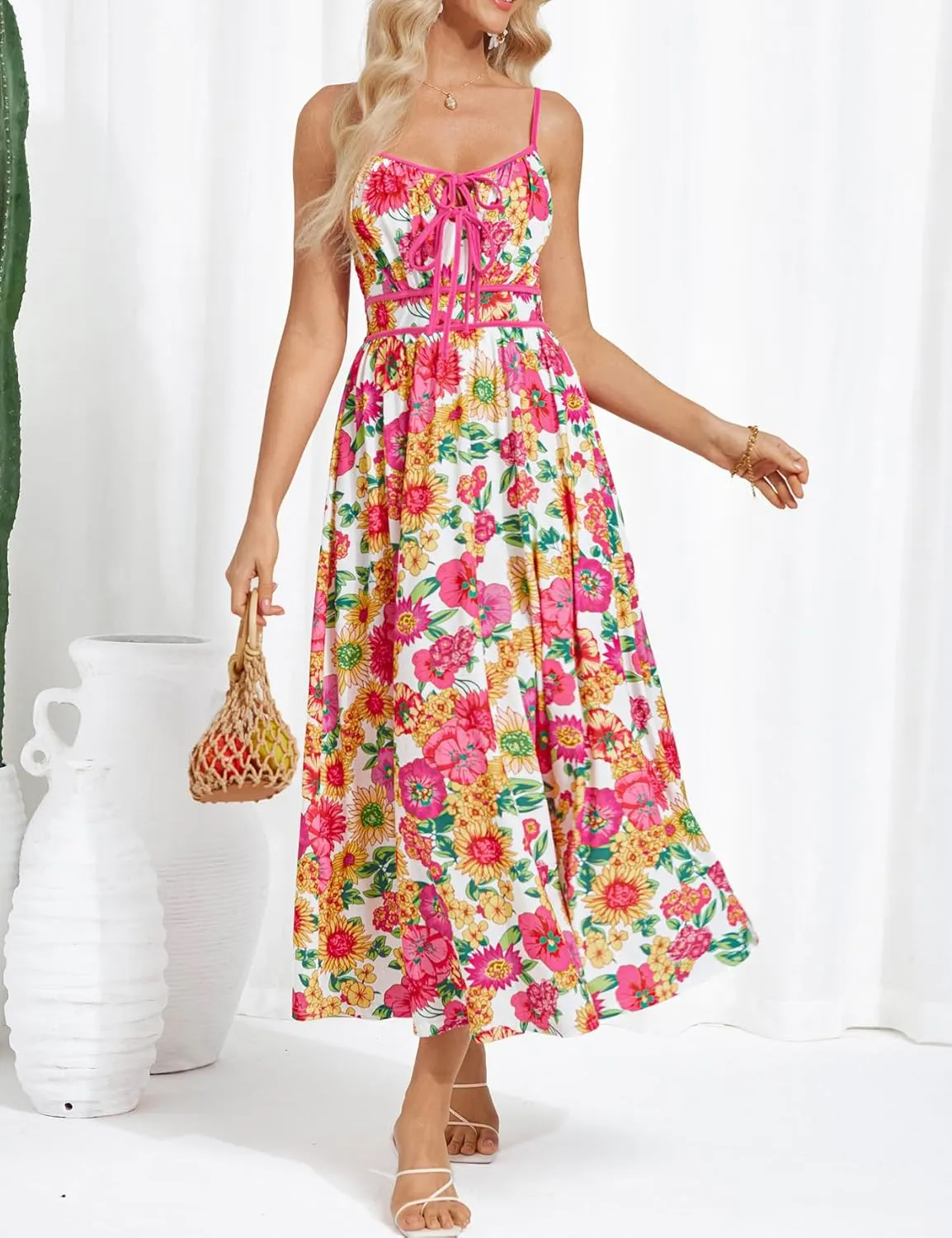 GRACE KARIN Women's 2025 Summer Casual Floral Boho Dress Spaghetti Strap Flowy Beach Maxi Dresses
