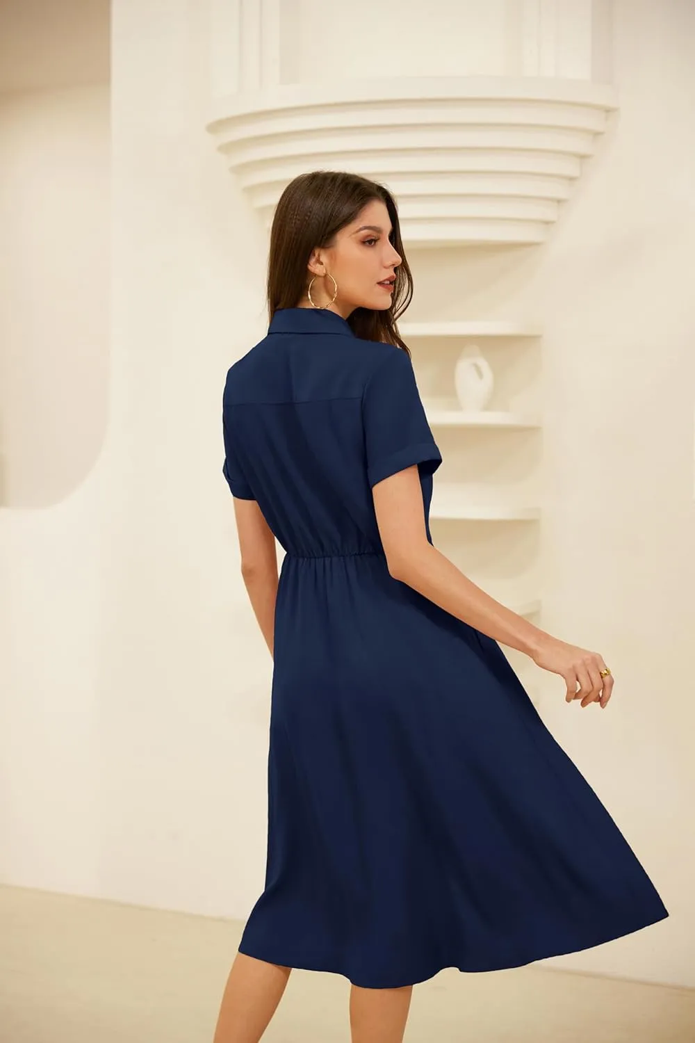 GRACE KARIN Womens Linen Dresses Summer Casual Flowy Collar Button Down Dress Front Tie Short Sleeve Pockets Midi Work Dress