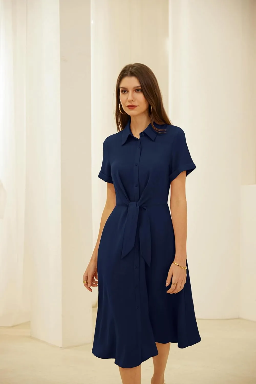 GRACE KARIN Womens Linen Dresses Summer Casual Flowy Collar Button Down Dress Front Tie Short Sleeve Pockets Midi Work Dress