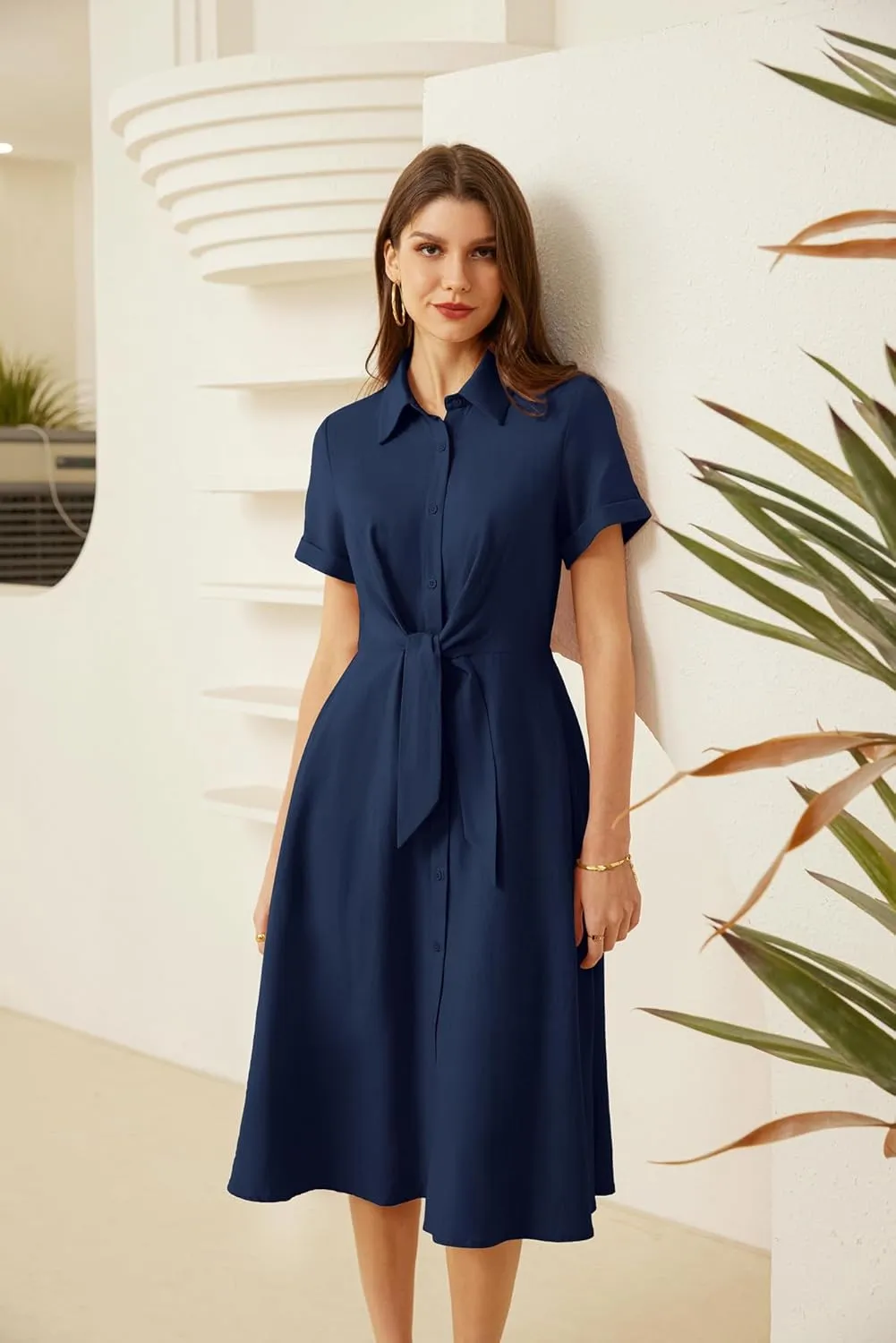 GRACE KARIN Womens Linen Dresses Summer Casual Flowy Collar Button Down Dress Front Tie Short Sleeve Pockets Midi Work Dress