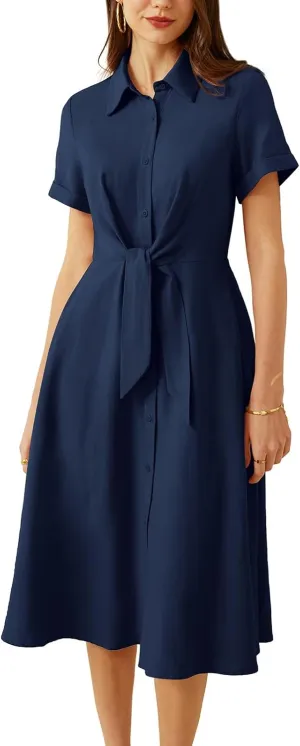 GRACE KARIN Womens Linen Dresses Summer Casual Flowy Collar Button Down Dress Front Tie Short Sleeve Pockets Midi Work Dress