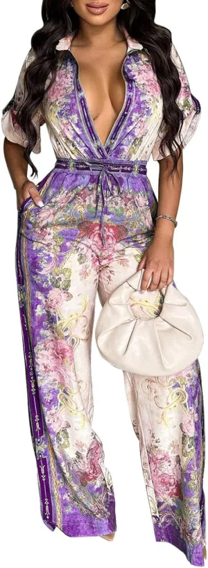 HANMAX Womens Elegant Retro Jumpsuits Casual Short Sleeve Floral Print Wide Straight Pants Rompers Club Outfits