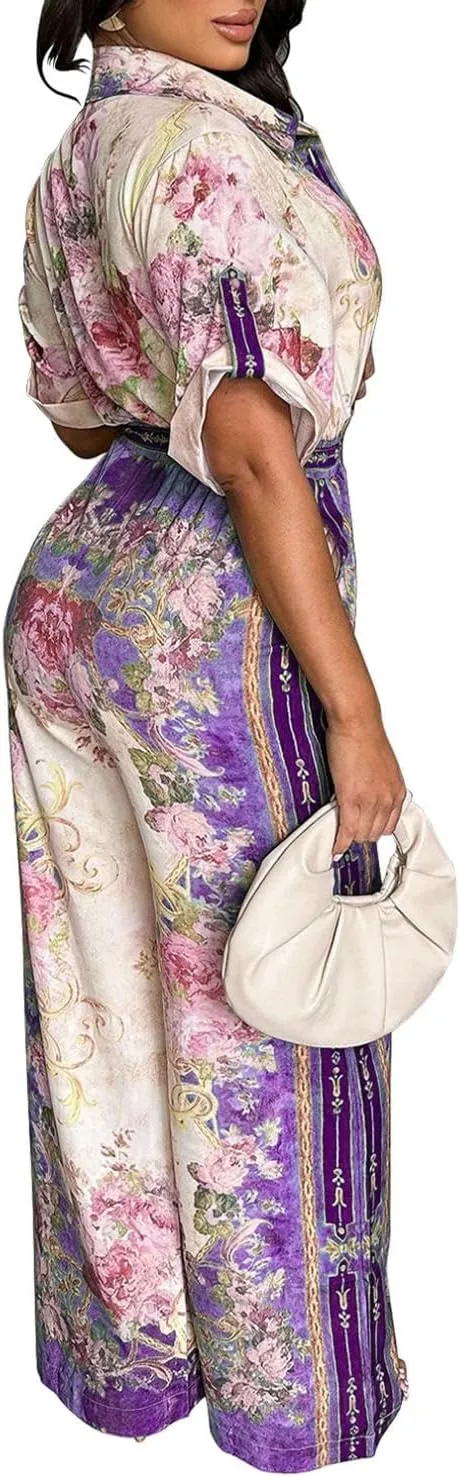HANMAX Womens Elegant Retro Jumpsuits Casual Short Sleeve Floral Print Wide Straight Pants Rompers Club Outfits
