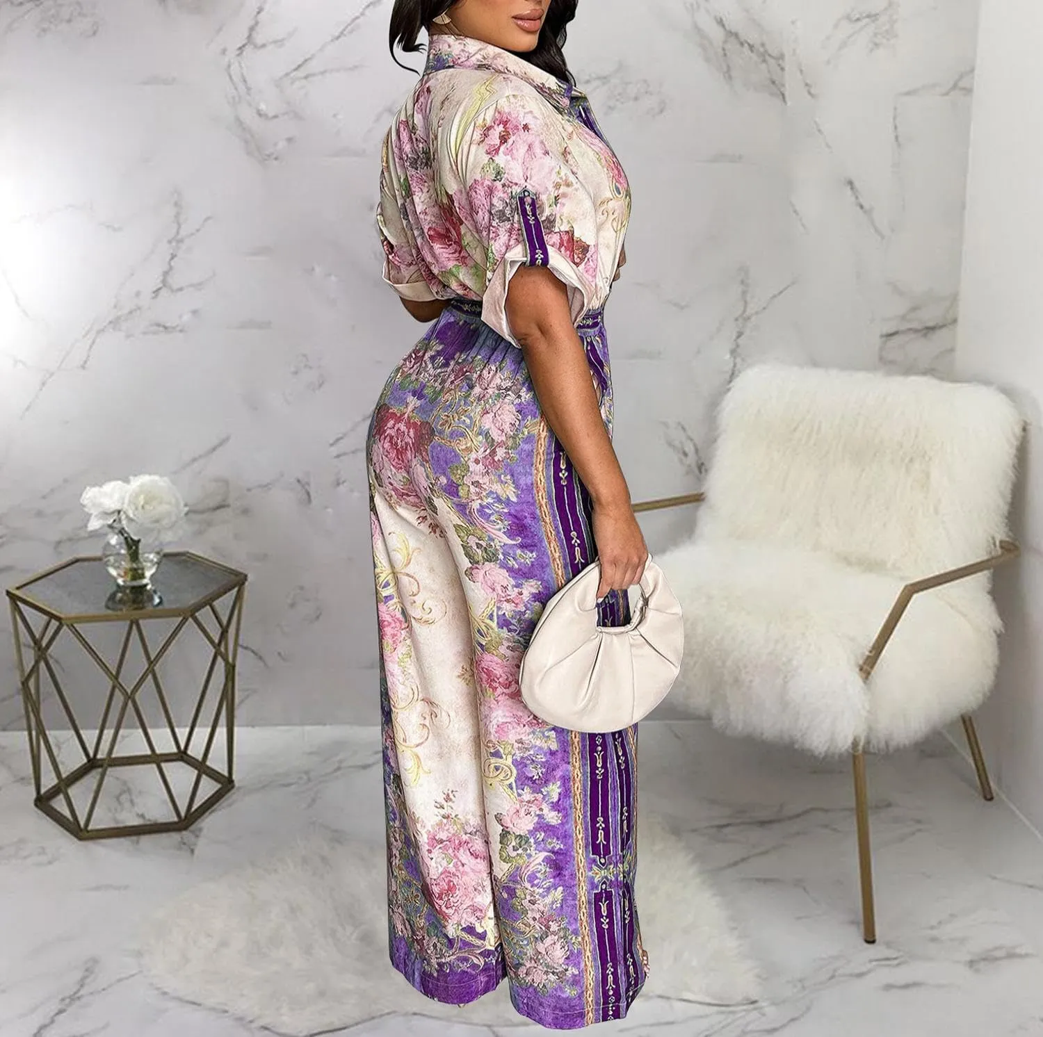 HANMAX Womens Elegant Retro Jumpsuits Casual Short Sleeve Floral Print Wide Straight Pants Rompers Club Outfits