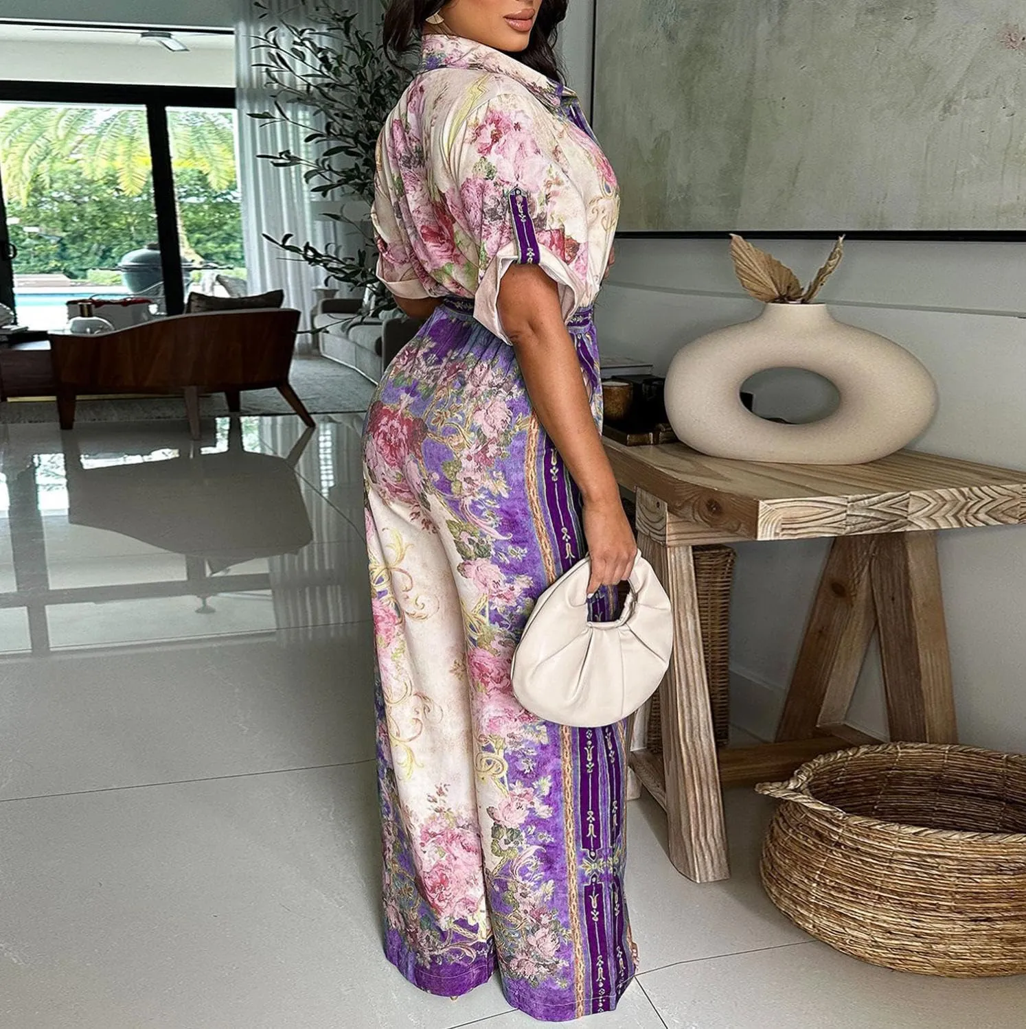 HANMAX Womens Elegant Retro Jumpsuits Casual Short Sleeve Floral Print Wide Straight Pants Rompers Club Outfits