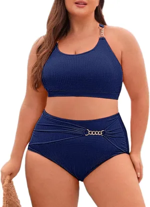 Hanna Nikole Women Plus Size Bikini Sets High Waist Tummy Control Ribbed Texture Swimsuit