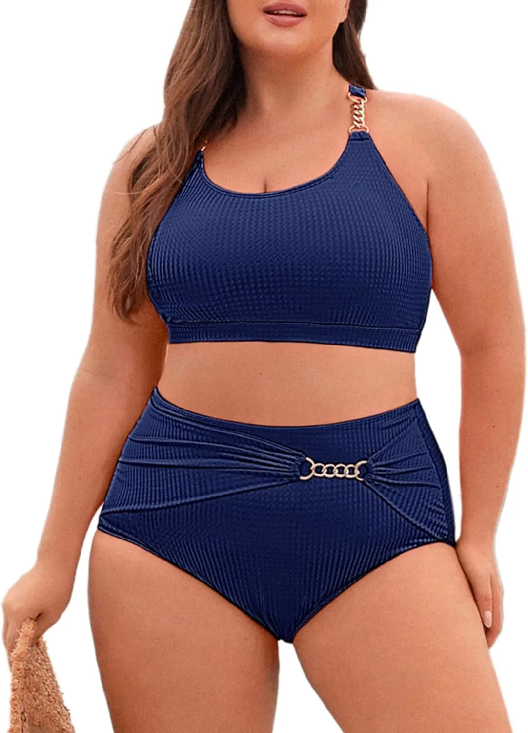 Hanna Nikole Women Plus Size Bikini Sets High Waist Tummy Control Ribbed Texture Swimsuit