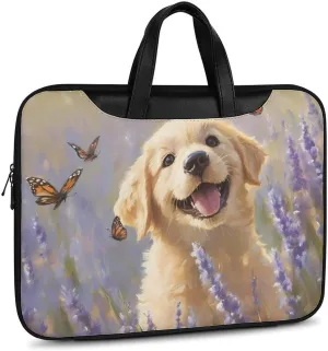 Happy Retriever Puppy Leather Bag Laptop Case Slim Water Resistant Computer Bags with Handle Briefcase for Work