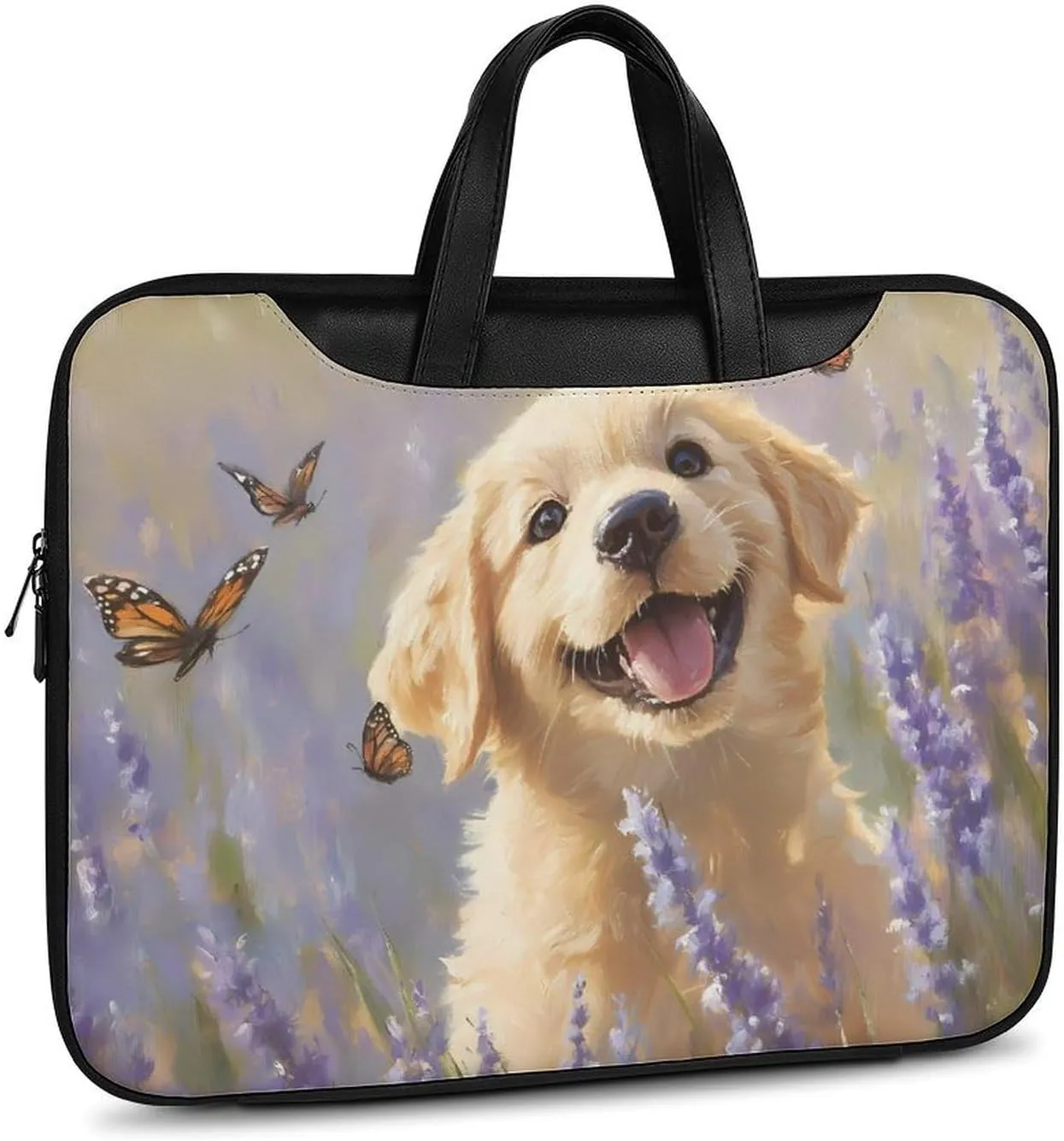 Happy Retriever Puppy Leather Bag Laptop Case Slim Water Resistant Computer Bags with Handle Briefcase for Work